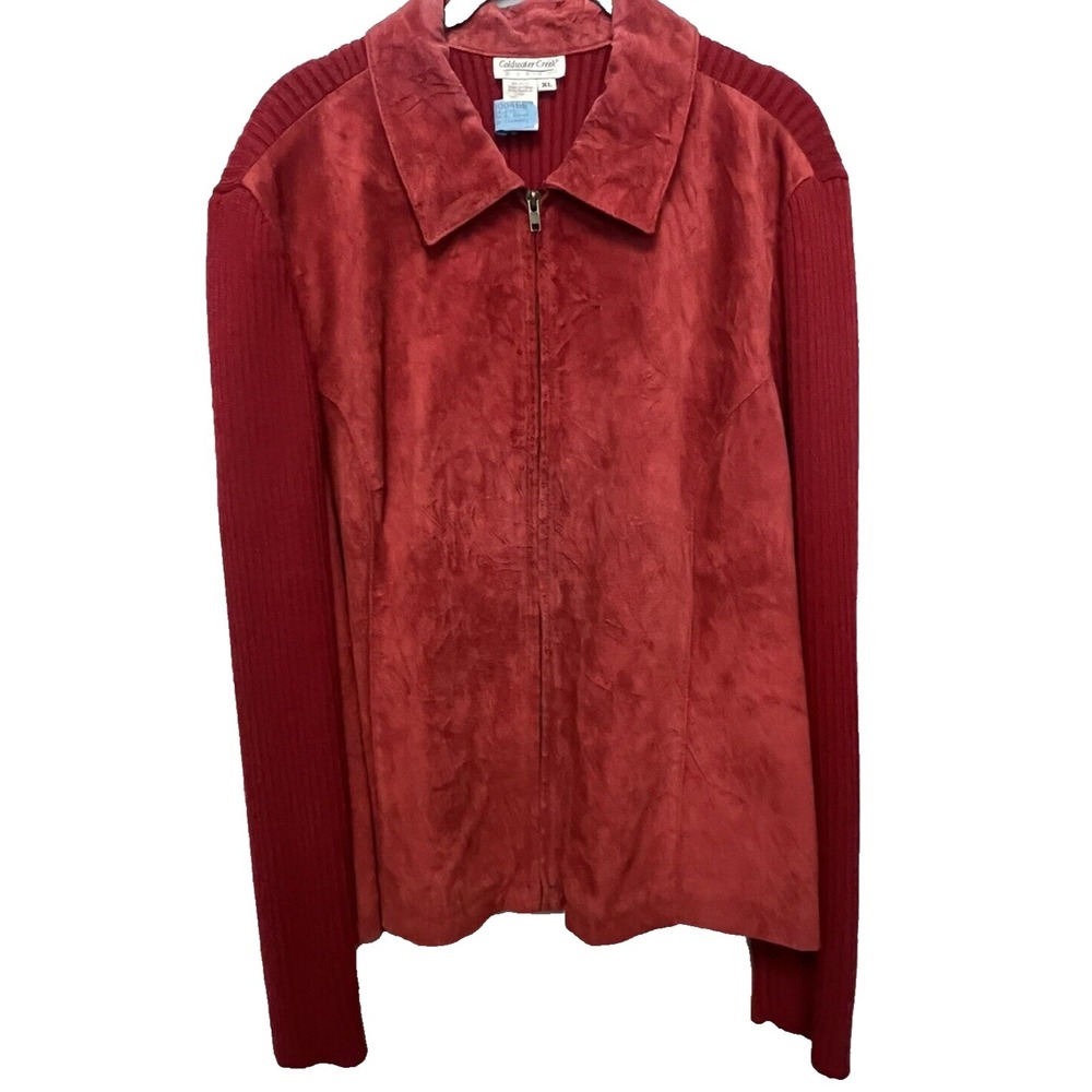 Coldwater Creek Suede Jacket XL Red Cable Knit Leather‎ Zip Sweater Dry Cleaned
